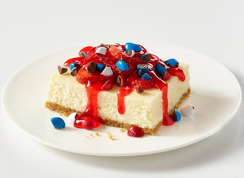 Strawberry Cheesecake Bars Made with M&M’s® Red, White and Blue Chocolate Candies marsfoodservices image